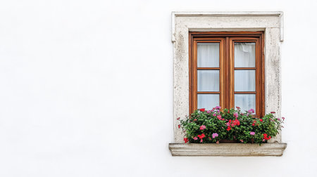 This image features a classic wooden window adorned with detailed trim and vibrant flowers, showcasing charming architectural beauty and inviting warmth.の素材
