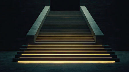 A striking contemporary staircase featuring illuminated steps in a minimalist setting, creating a captivating play of light and shadow perfect for modern design inspiration.の素材