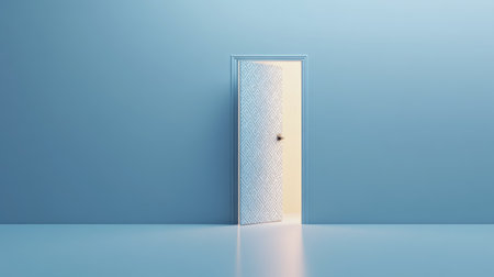 This 3D illustration features a steel door slightly ajar, inviting light and creating a sense of mystery. The minimalist design highlights simplicity and creativity.の素材