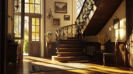 This inviting entryway features a beautiful wooden staircase bathed in warm sunlight, creating a cozy ambiance perfect for welcoming guests into a stylish home.の素材