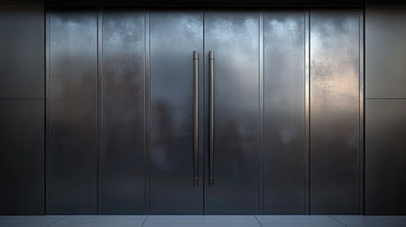 A sleek and robust steel door entrance with a modern design. Its polished surface reflects light, showcasing contemporary architectural elements and clean lines.の素材