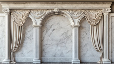 Explore this detailed 3D render of majestic marble architecture, featuring elegant columns and drapery, ideal for luxurious interior design projects.の素材
