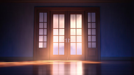 A detailed 3D illustration of a brown double door, showcasing elegant design and warm light, creating a captivating interior atmosphere. Perfect for art and decor themes.の素材