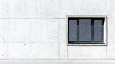 A modern black window framed in a sleek concrete wall, showcasing minimalist architectural design. The image highlights texture, light, and reflection, ideal for design projects.の素材