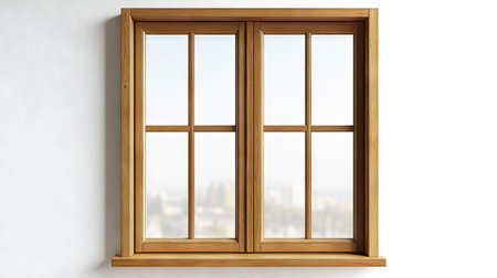 A beautifully crafted double pane brown window showcasing a serene view. This image offers a clean and modern aesthetic, perfect for interior decor themes.の素材