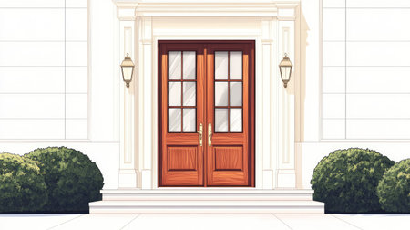 A visually striking illustration of elegant double doors with a classic design, set against a clean, modern facade and beautifully landscaped surroundings.の素材