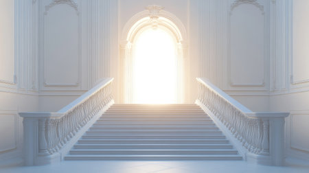An elegant staircase exudes dramatic perspective, leading to a bright entrance. This serene interior captures a blend of modern elegance and classic beauty.の素材