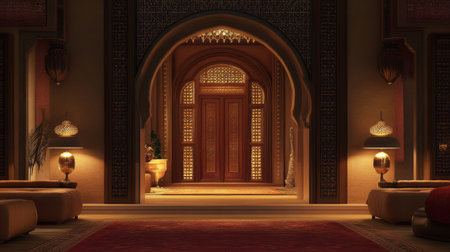 Explore a stunning 3D render of an ornate wooden door, showcasing intricate designs and warm lighting, creating a luxurious and inviting ambiance.の素材