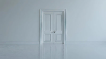 A serene view of a minimalist white door in a spacious room. The design emphasizes simplicity and elegance, creating a peaceful atmosphere for various uses.の素材