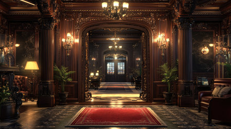 This 3D render showcases a large ornate wooden door in an exquisite interior setting, highlighting rich textures and luxurious decor, perfect for architectural designs.の素材