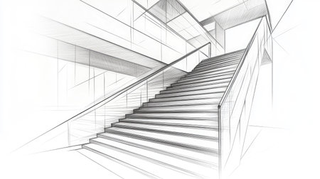 A stylish sketch of a modern residential staircase, highlighting clean lines and an open perspective. Ideal for design and architectural concepts.の素材