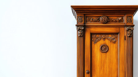 A stunning high-resolution image of a classic wooden cabinet showcasing intricate details and craftsmanship. Ideal for interior design and furniture projects.の素材