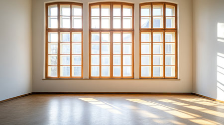 A spacious room featuring large wooden windows allowing abundant natural light to fill the interior, creating a tranquil and inviting atmosphere. Ideal for design inspiration.の素材