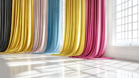 A minimalist spacious room showcasing vibrant, flowing curtains in various colors. The soft light creates an inviting atmosphere, perfect for creative projects or interior design inspiration.の素材
