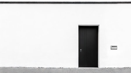 This image features a minimalistic steel door design set against a clean white wall, showcasing modern architecture and a calm aesthetic. Perfect for various design concepts.の素材
