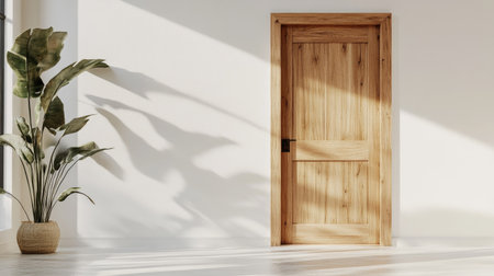A serene minimalist interior featuring a wooden door, casting soft shadows against light walls, complemented by a lush green plant for a fresh ambiance.の素材