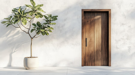 This image showcases a modern wooden door with sleek lines, complemented by a potted plant, creating a harmonious blend of design and nature. Perfect for architectural and design themes.の素材