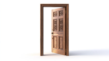 A beautifully crafted classic wooden door in a 3D render, showcasing realistic details and textures. Ideal for interior design projects or architectural presentations.の素材