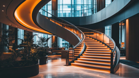 Discover a luxurious hotel lobby showcasing a stunning curved staircase, elegant lighting, and modern decor, creating a warm and inviting atmosphere for guests.の素材