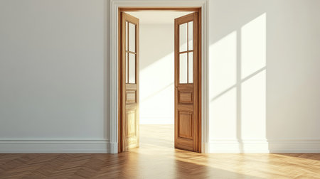 Explore a realistic 3D render of an open wooden door, illuminating a bright interior space with soft sunlight and inviting shadows. Ideal for design inspiration.の素材