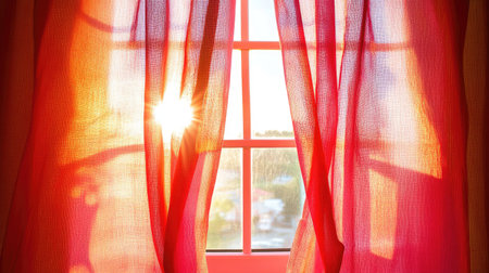 This stunning image captures vibrant red curtains gently swaying in the sunlight, casting soft shadows and creating a warm, inviting atmosphere perfect for any interior space.の素材
