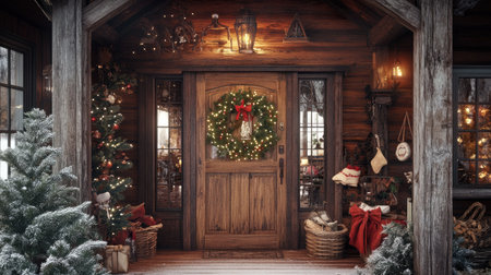 A beautifully rendered rustic wooden door adorned with a holiday wreath, surrounded by festive decor and warm lighting, creating an inviting winter atmosphere.の素材