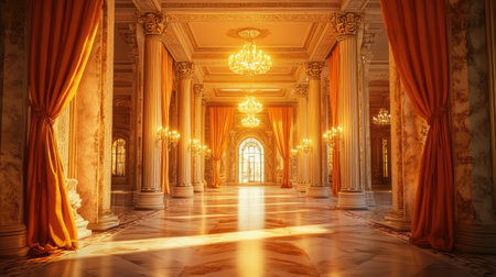 Discover a stunning antique marble room adorned with elegant chandeliers, where golden light enhances the luxurious atmosphere and intricate details of design.の素材