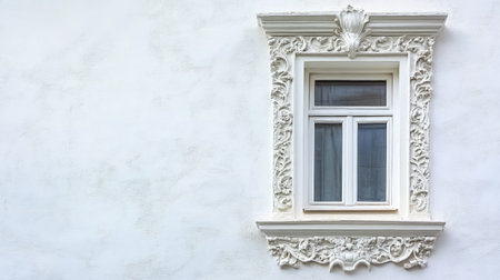 This image features a vintage white window frame with rustic detailing, showcasing classic architectural elements and elegant craftsmanship against a clean wall.の素材