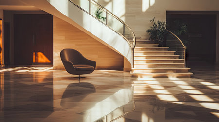A sophisticated hotel lobby showcasing a stylish staircase and comfortable seating. Soft natural light filters through, creating a serene atmosphere.の素材