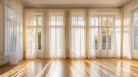 This bright and spacious empty interior features large windows adorned with sheer curtains, allowing natural light to fill the room. It creates a serene atmosphere perfect for various design projects.の素材