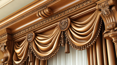 This stunning 3D rendering showcases an elegant wooden drapery with exquisite detailing and rich textures, ideal for luxurious interior design inspiration.の素材