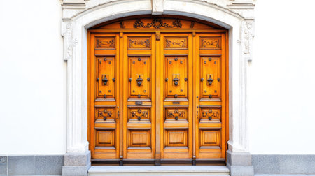 This stunning wooden door features intricate designs and a warm finish, offering a beautiful entrance to any residential property with its classic charm.の素材