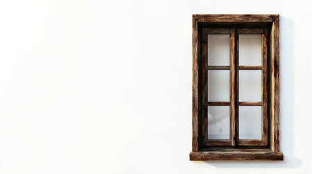 A stylish brown wooden window framed against a white wall, showcasing a minimalist design. This image captures the beauty of rustic elements in a clean aesthetic.の素材