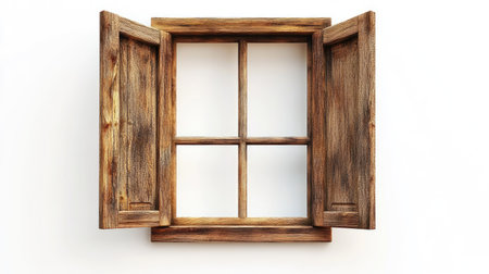 A stunning oversized wooden window opened wide, showcasing rustic craftsmanship. Ideal for home decor and interior design projects, it invites natural light and scenery.の素材