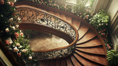 Discover a stunning wooden staircase adorned with lush floral accents, creating an inviting and elegant atmosphere perfect for stylish home interiors.の素材