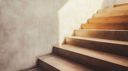 This image captures a stunning modern staircase bathed in natural light, showcasing elegant wood steps and minimalist design elements. Ideal for interior design inspiration.の素材