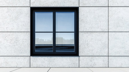 A stylish black aluminum window featuring a clean design against a concrete wall. This modern architectural element enhances any urban setting with its minimalist aesthetic.の素材
