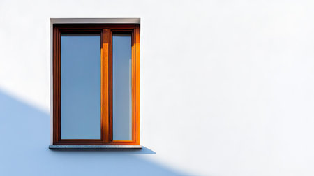 This stylish wooden brown window enhances a clean white wall, blending modern design with minimalism. Ideal for architectural or interior themes.の素材
