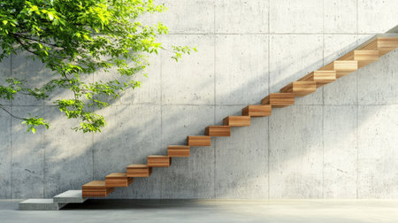 A modern interior showcasing a stylish wooden staircase against a concrete wall. The design emphasizes minimalist aesthetics and natural elements for a serene atmosphere.の素材