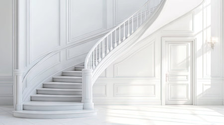 A stunning white staircase in a modern interior setting, featuring graceful curves and elegant lines, creating a serene and inviting atmosphere.の素材