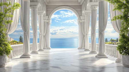 Discover an elegant 3D artistic depiction of a classic marble interior with stunning ocean views, perfect for luxury, travel, and serene ambiance themes.の素材