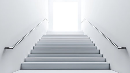 A visually striking image of a clean white staircase leading towards a bright light, emphasizing a minimalist design and inviting perspective. Perfect for themes of ascent and journey.の素材
