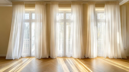 Captivating airy interior space featuring elegant curtains and warm natural light, perfect for showcasing a serene and uncluttered environment.の素材