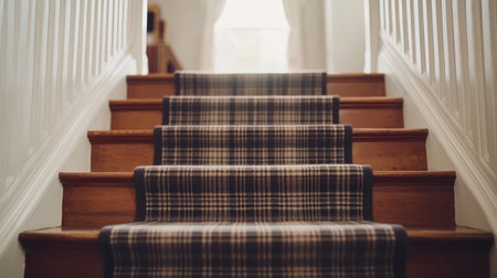 This elegant interior image captures a beautifully designed staircase featuring a stylish runner carpet that enhances the warm ambiance of the space.の素材