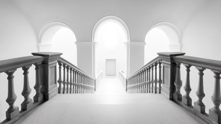 This ethereal image showcases a staircase in minimalistic design, featuring soft light and elegant architectural elements, creating a tranquil and inviting atmosphere.の素材