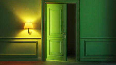 An elegant green door opens to a cozy room, highlighted by warm light from a stylish lamp. The vibrant colors and modern design create a serene atmosphere.の素材