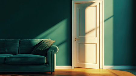 This elegant 3D render showcases a beautiful open door in a serene interior space, with soft light casting delicate shadows, creating a calm atmosphere.の素材