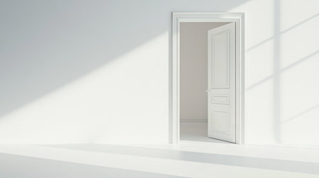 This image showcases a bright open door within a minimalist interior, emphasizing light and shadow play in a serene and inviting space. Ideal for design and architecture themes.の素材