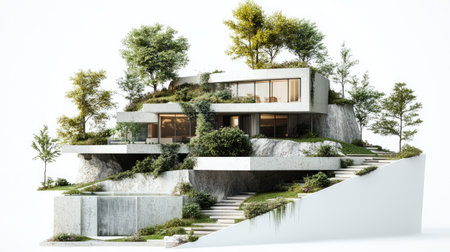 Explore a stunning modern architectural rendering showcasing a hillside home integrated with nature, featuring lush greenery and minimalist design elements.の素材