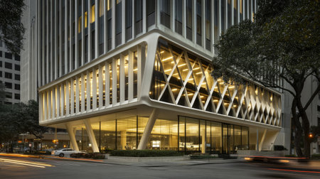 This modern office building, inspired by 1960s design, features a stunning geometric facade with ample glass. A blend of architecture and urban aesthetics.の素材